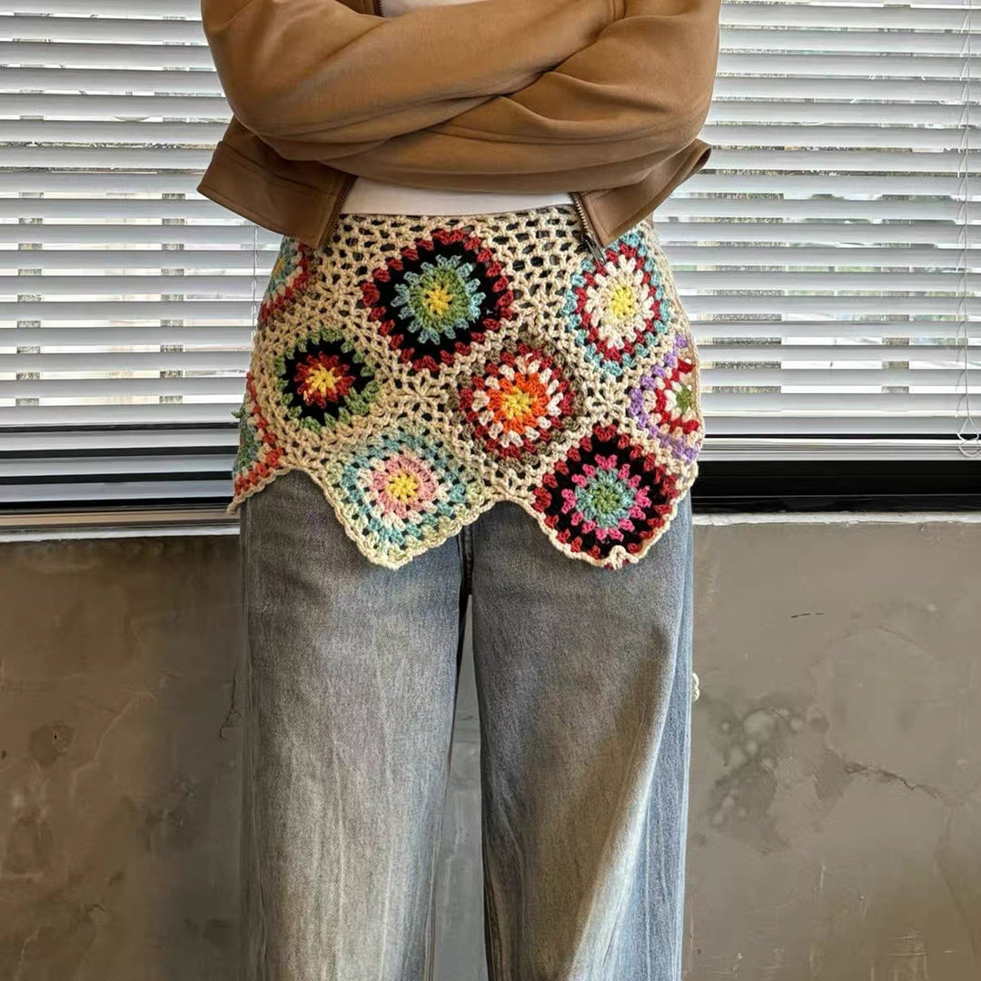 Dame hækle nederdel i livligt granny-square design med perlekant Stilla