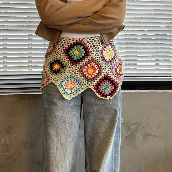 Dame hækle nederdel i livligt granny-square design med perlekant Stilla