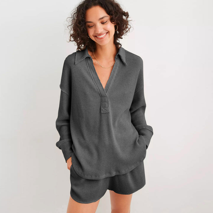 Dame Vaffelstruktur Loungewear Sæt med afslappet pasform og justerbar linning Stilla