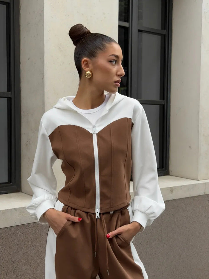 Kvindernes cropped sweatshirt jakke med ballon-formede ærmer og joggingbukser sæt Skovae