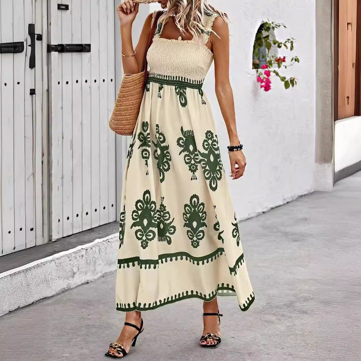 Dame maxikjole med blomster-ikat mønster og svingende nederdel Stilla