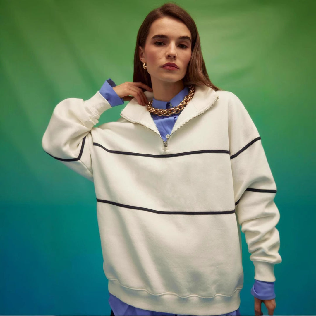 Kvinder Oversized Hoodie med Lynlås og Stribet Mønster Skovae