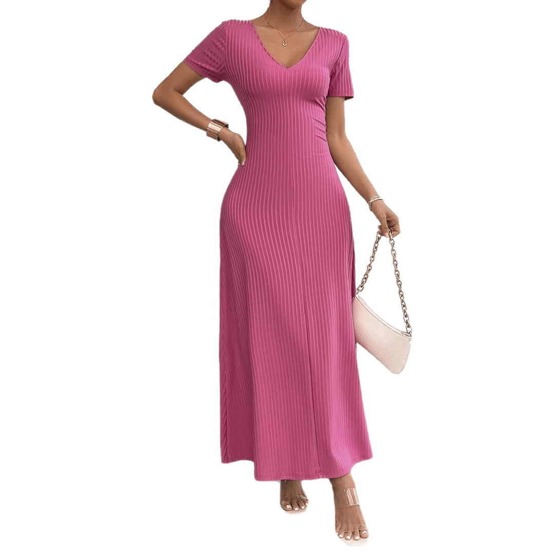 Kvindernes long sleeve maxi kjole med elegant V-hals og ribbet tekstur Stilla