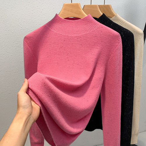 Dame strikpullover med fin glimmergarnstruktur og moderne ståkrave Stilla