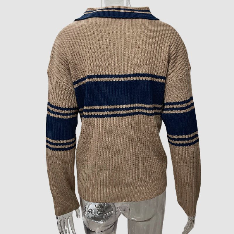 Dame Oversized Strikpullover med V-Udsnit og Stribedetaljer Stilla