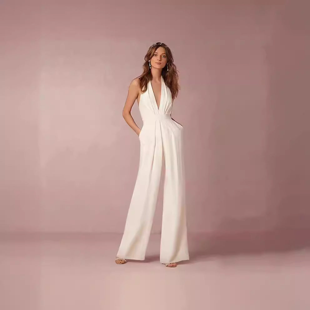 Damer Elegant Jumpsuit med Dybt V-Hals og Bred Ben Skovae