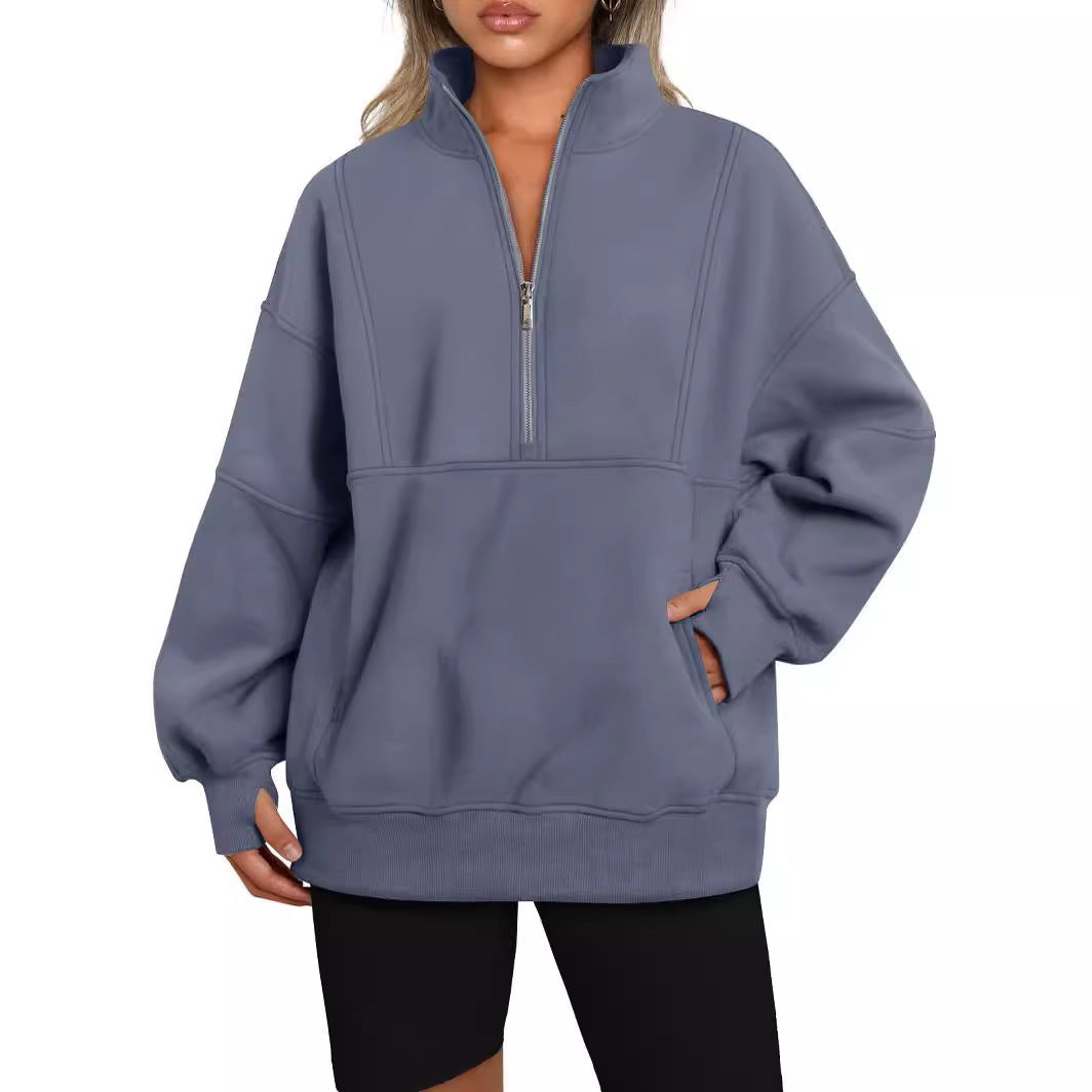 Dame Sporty Hoodie med halvdelen lynlås og voluminøse ærmer Stilla