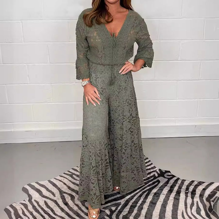 Dame Elegant spidse-outfit med bredt udfoldet bukseben og bindebånd Stilla