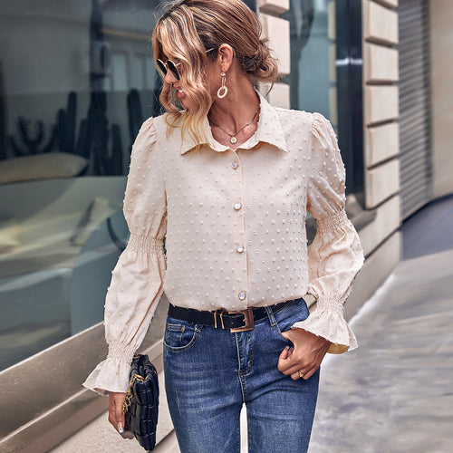 Dame elegant bluse med puffærmer og tekstur Stilla