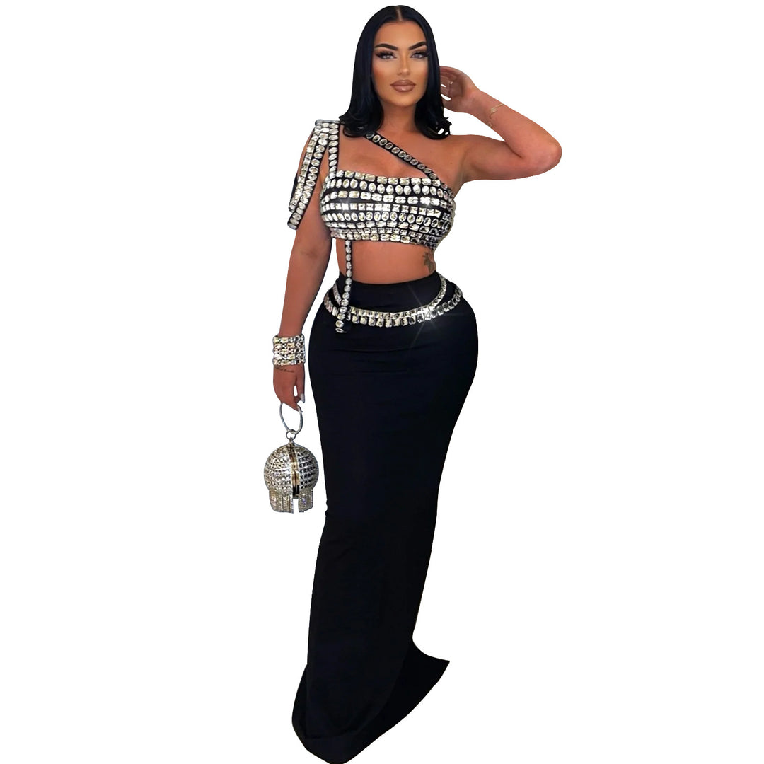 Dame Glitrende Crop-Top med figursyet Maxi-Nederdel Kombination Stilla