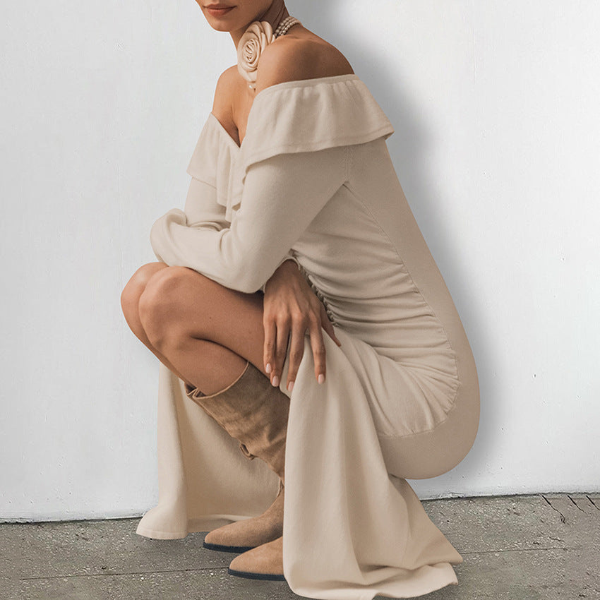 Dame Off-Shoulder Maxikjole med elegant flæse-design og sidel cirkel Stilla