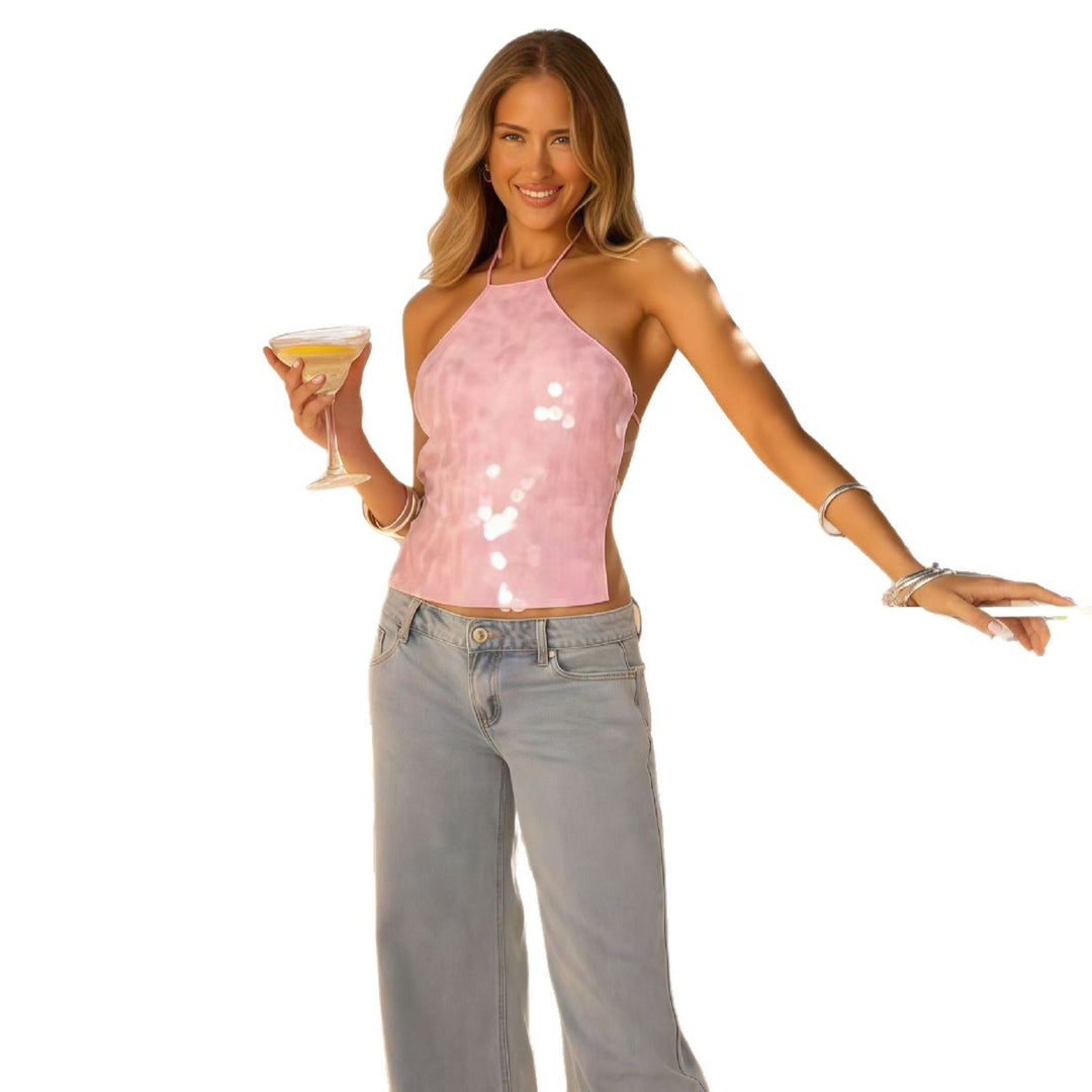Damer Glamour Paillet Top med Asymmetrisk Halter Design Skovae