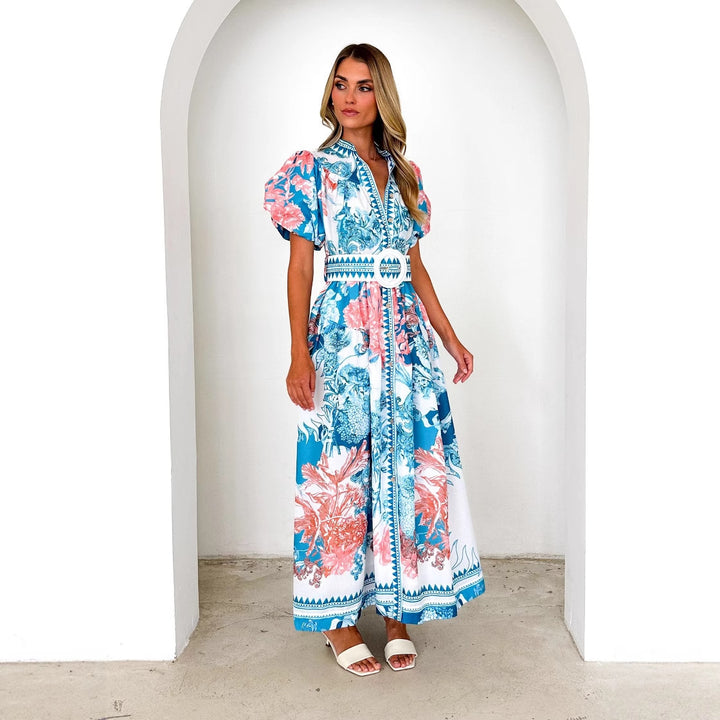 Kvinder Elegant Maxi Kjole med Blomster Mønstre og Voluminøse Ærmer Stilla