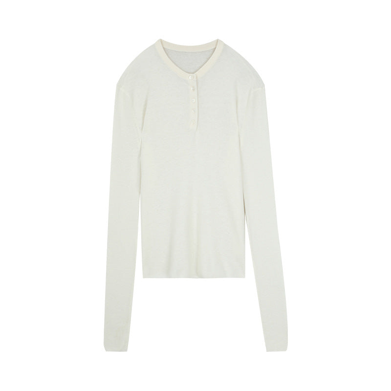 Dame langærmet Henley-overdel med elegante knapdetaljer Stilla