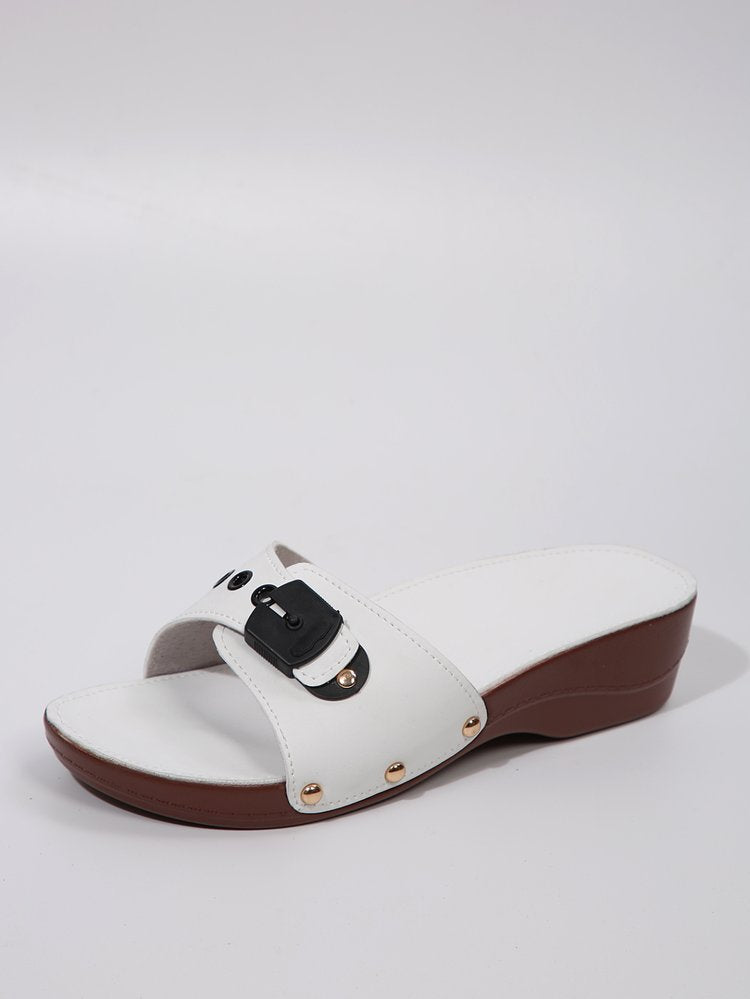 Dame slide sandal with padded comfort insole, decorative buckle and lightweight wedge sole Skovae