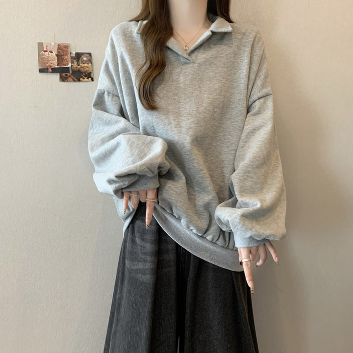 Dame Relaxed Fit Polo Style Sweatshirt med Ballonærmer Stilla
