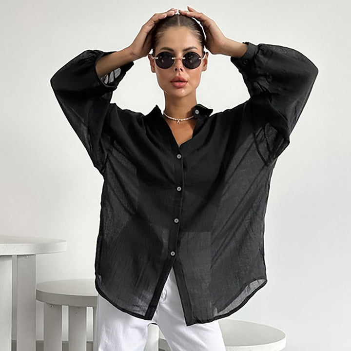 Dame Oversized Skjorte bluse i let linenmix med lange ærmer og moderne snit Stilla