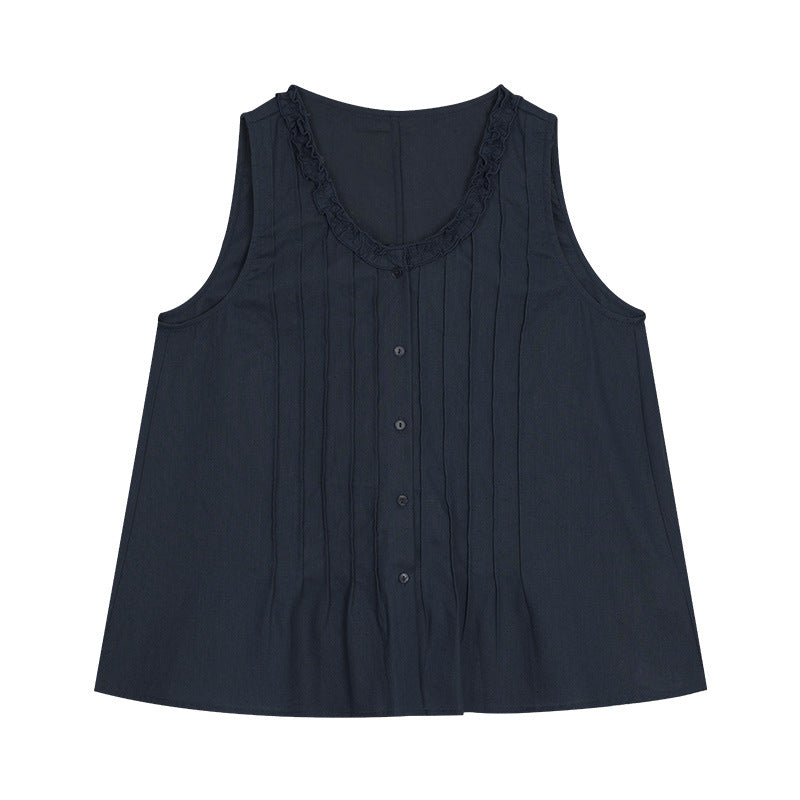 Dame ærmeløs blusenshirt med fine flæse detaljer og elegant knapliste Stilla