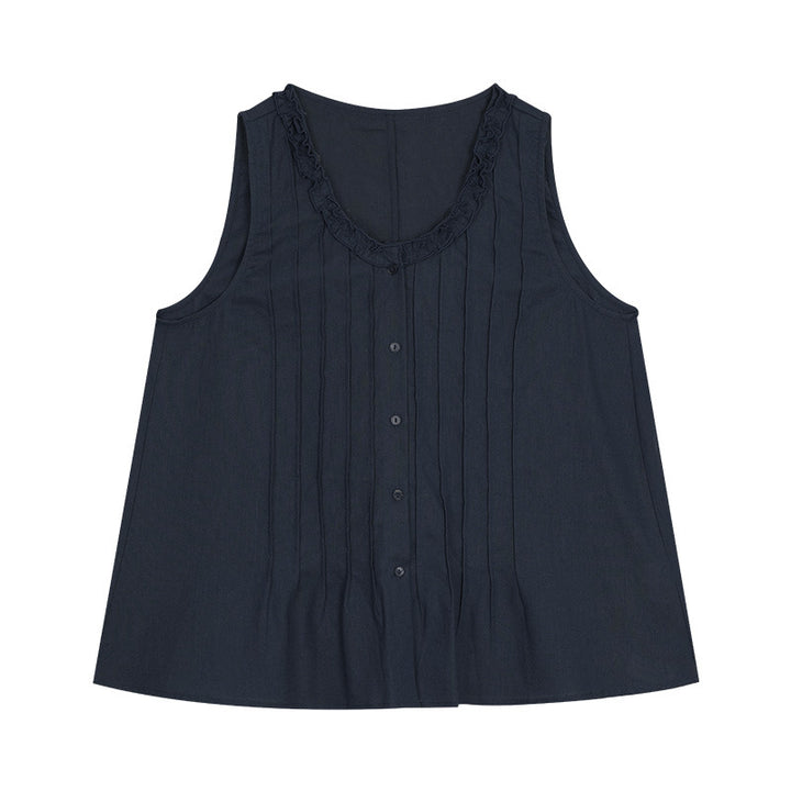 Dame ærmeløs blusenshirt med fine flæse detaljer og elegant knapliste Stilla