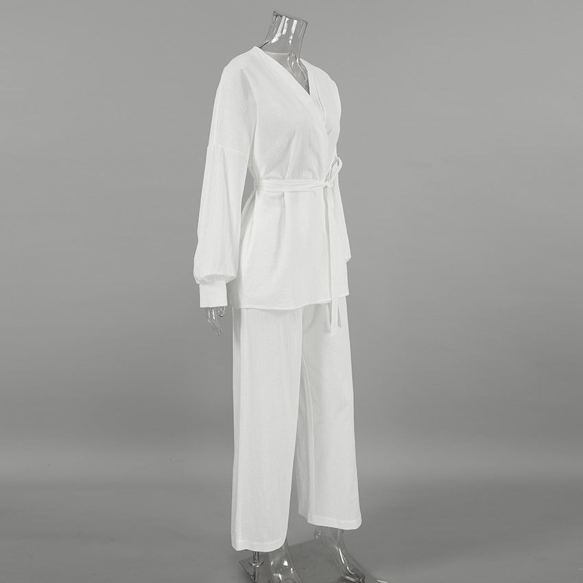 Damer elegant loungewear-sæt med løstsiddende blusejakke og bredt skårne bukser Stilla
