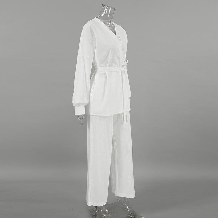 Damer elegant loungewear-sæt med løstsiddende blusejakke og bredt skårne bukser Stilla
