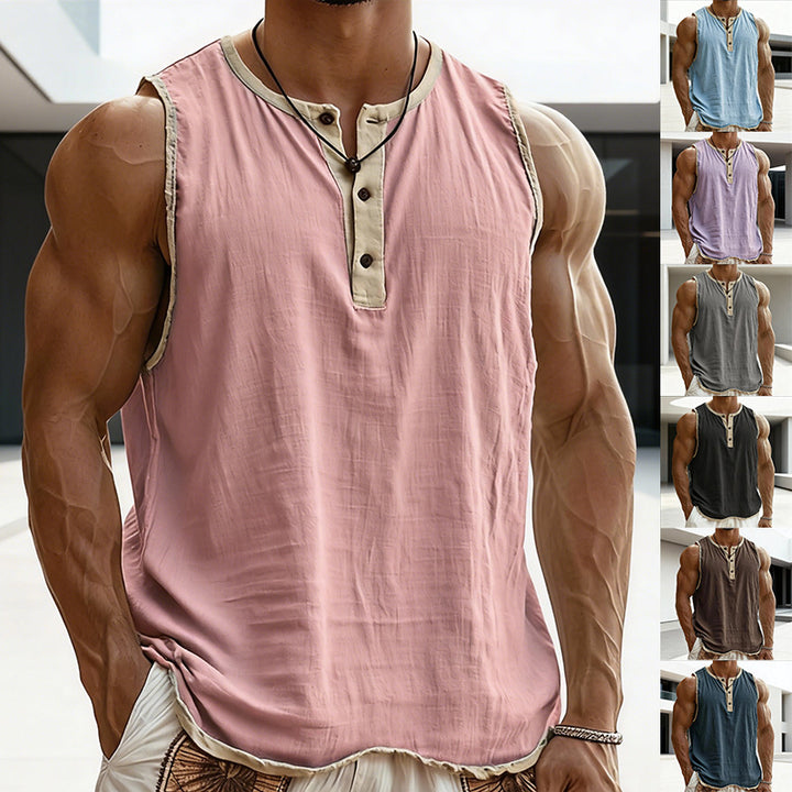 Herrer uden ærmer Henley muskelshirt med knaplukning og kontrastkant Skovae
