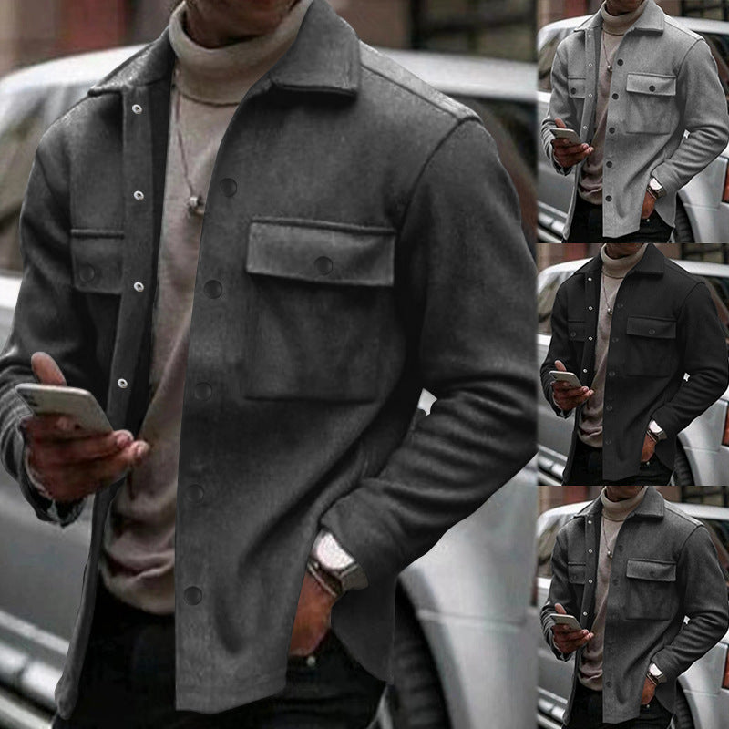 Herrer nan moderigtige overshirt-jakke i filtlook med påsyede brystlommer og synlig trykknapliste Skovae