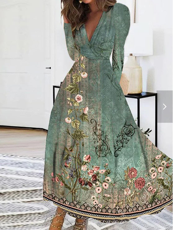 Dame Maxikjole med blomstret design og V-udskæring Stilla