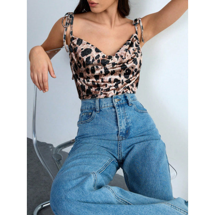 Dame Elegant leopardmønster spaghetti-top med rynket detalje Skovae