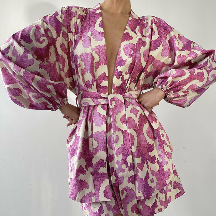 Dame Kimono-Shorts Sæt i luksuriøs Satin med blomsterdesign Stilla