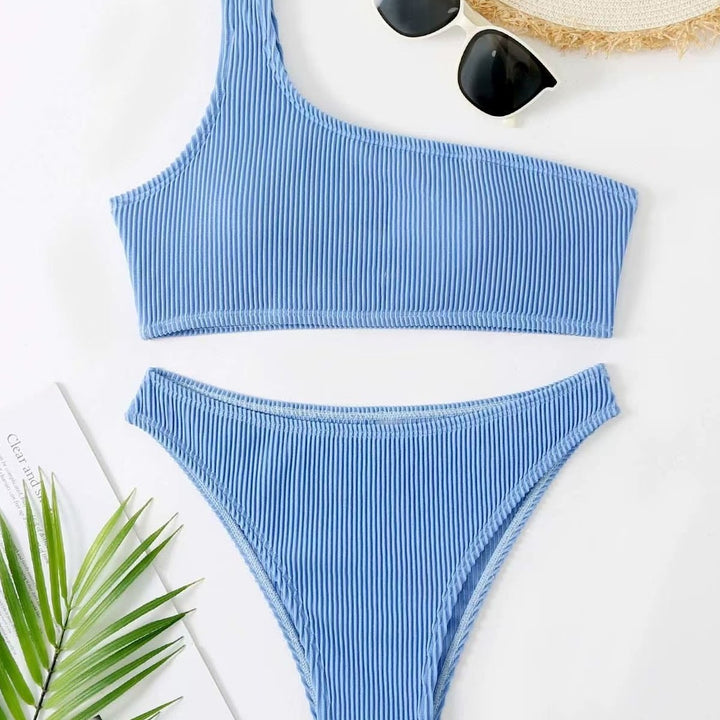 Dame asymmetrisk bikini-sæt med høj talje og ribstrik Stilla