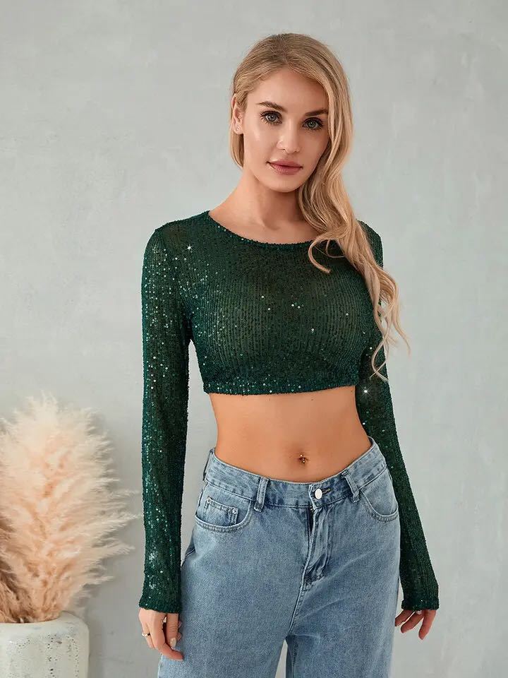 Kvindernes glitrende crop top med lange ærmer og tætsiddende pasform