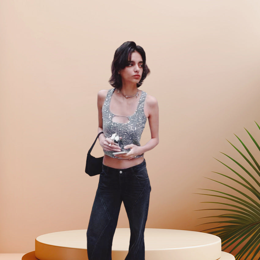 Kvinder Glitrende Crop Top med Glitrende Effekt og Scoop-Cut U-hals