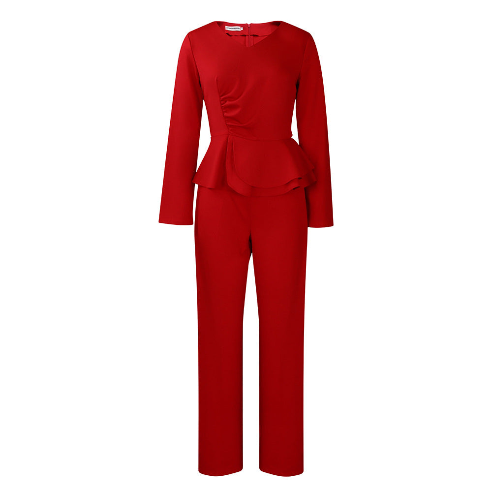 Dame Elegant Jumpsuit med smukt Peplum og lange ærmer Stilla