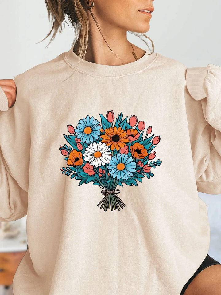Kvinders Oversized Sweatshirt med Blomster Grafiske Detaljer Stilla