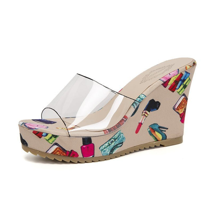 Dame nan PVC-rems kile-sandaler med blomstertrykt kile-sål og ergonomisk komfort fodseng Skovae