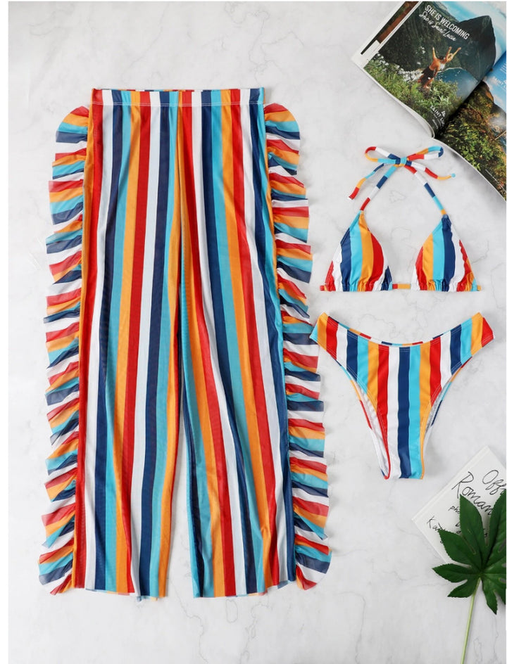 Dame bikini-sæt med legende flæse-design og mode-stribemønster Stilla
