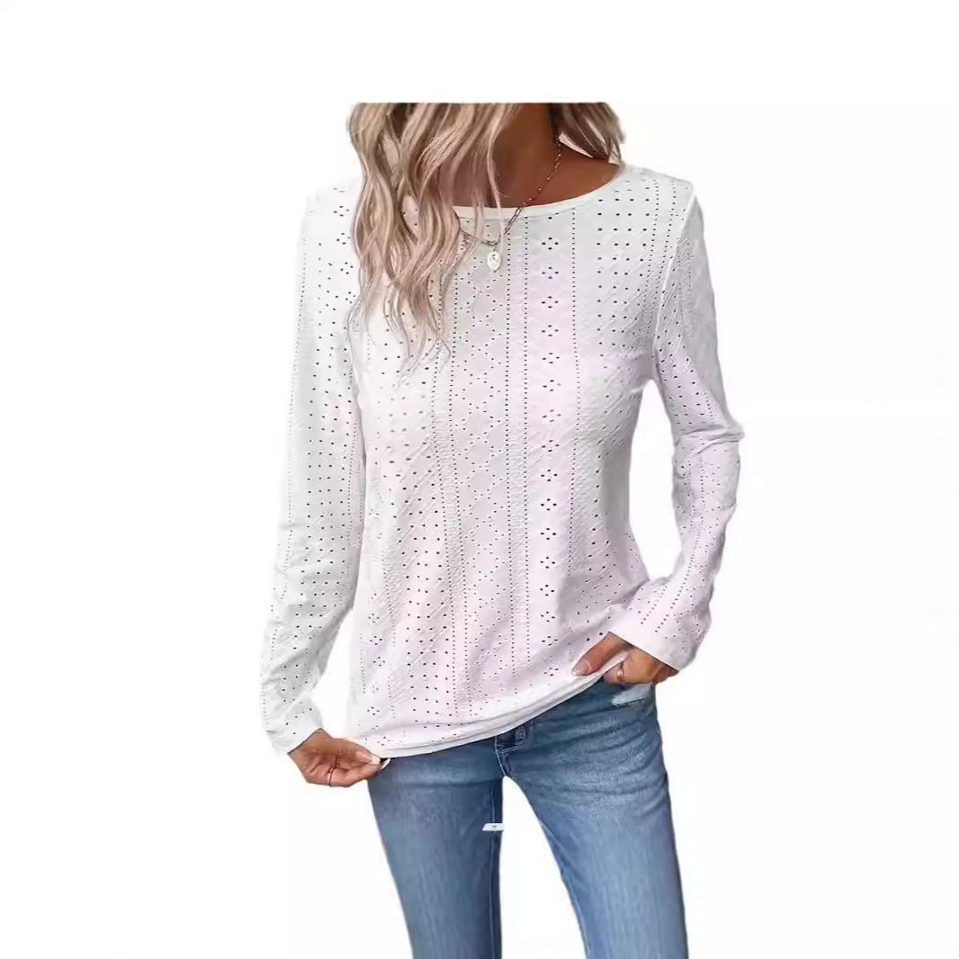 Dame Longsleeve-T-Shirt med hulmønster og rund halsudskæring Stilla