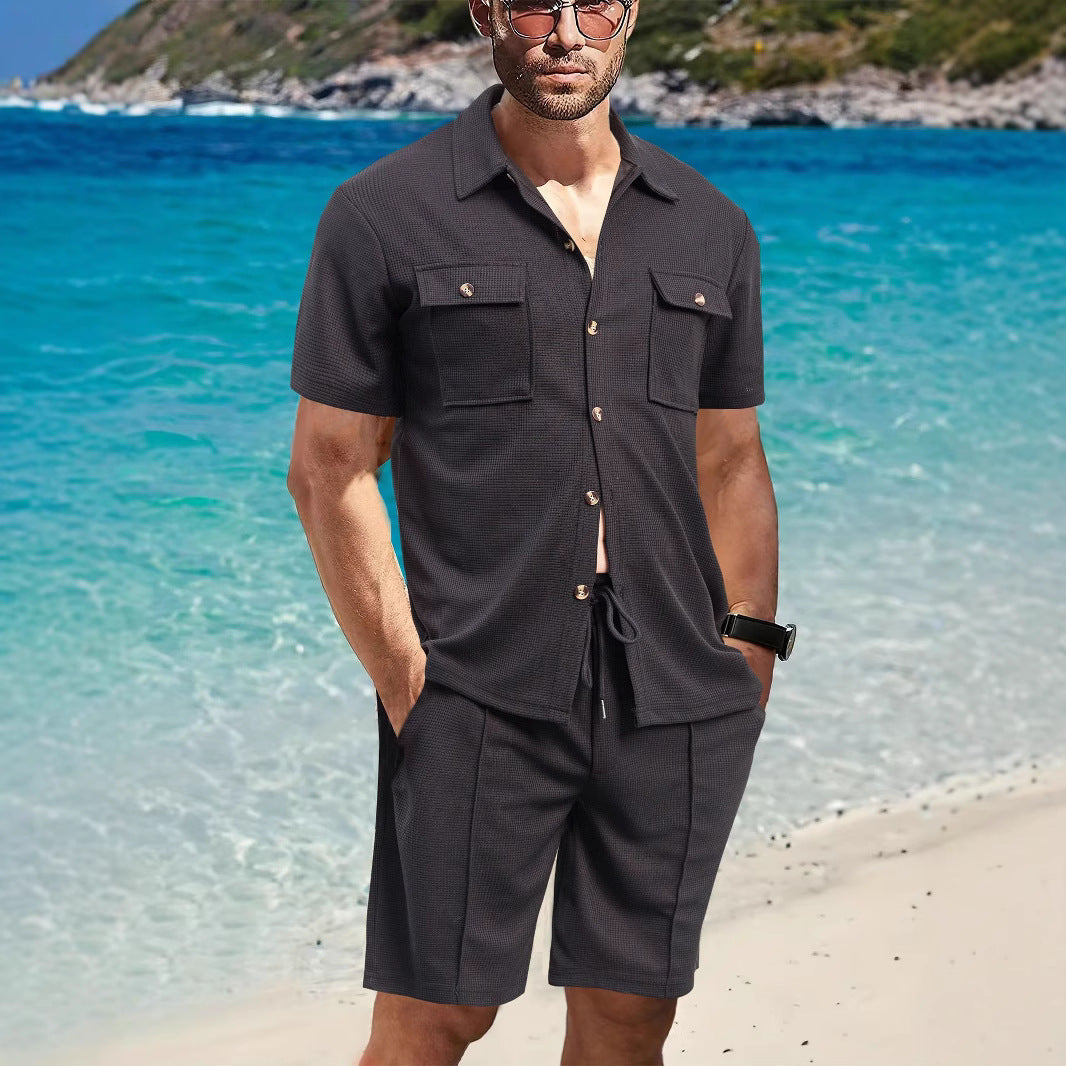 Herrer afslappet strandskjorte og shorts sæt med praktiske lommer Stilla