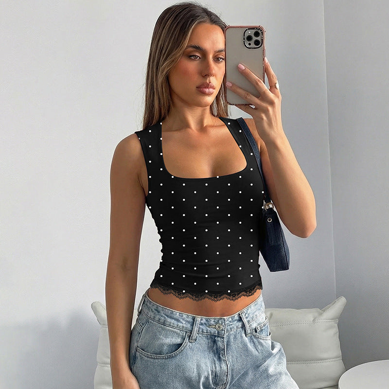 Damen Spaghetti-Trägertop mit verspieltem Punkte-Muster und zarten Spitzenakzenten Skovae
