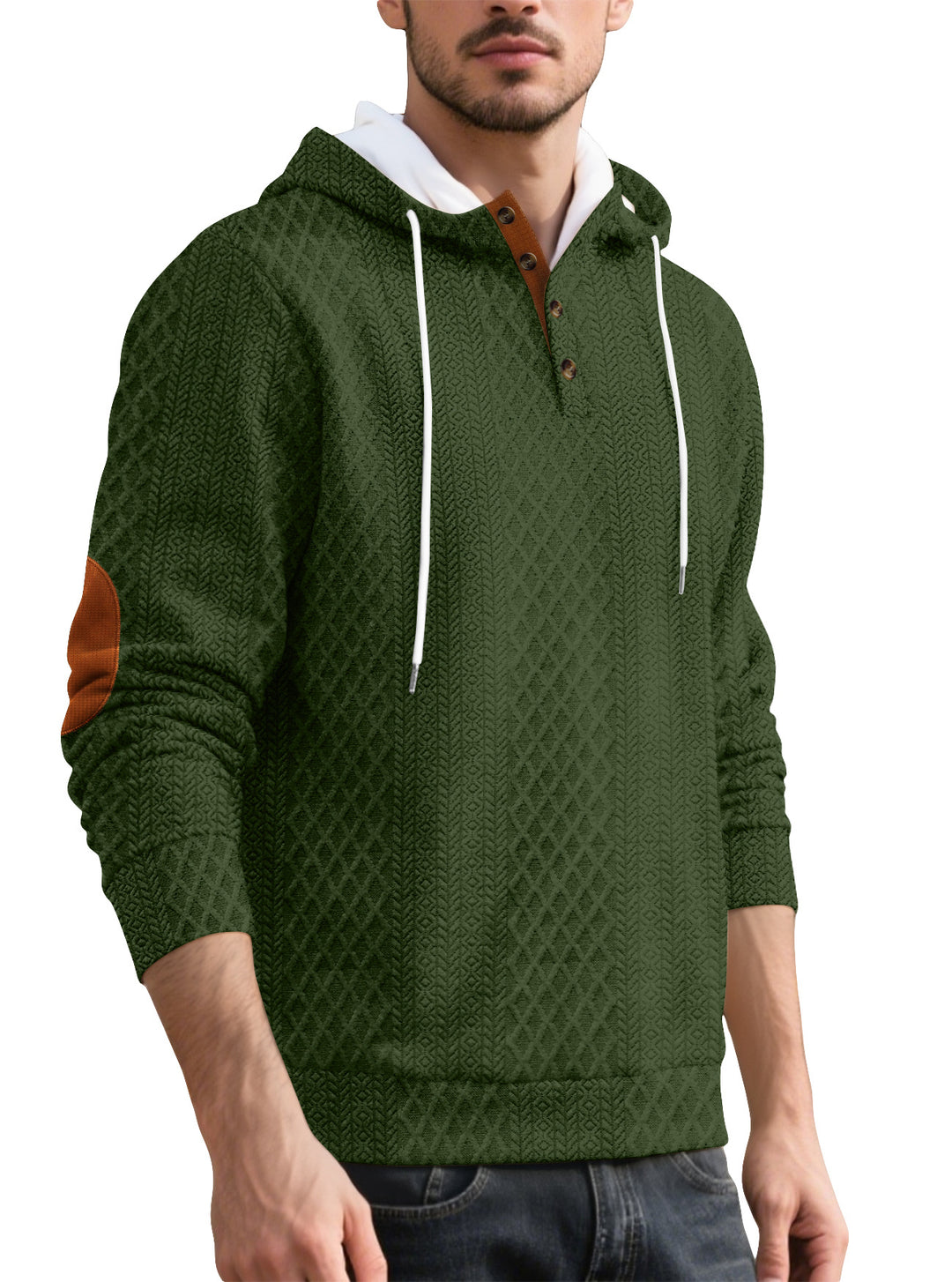 Herren nan Diamond-struktur hættepullover med kort knapliste, quiltet hætte inderside og ruskinds albuepatch Skovae