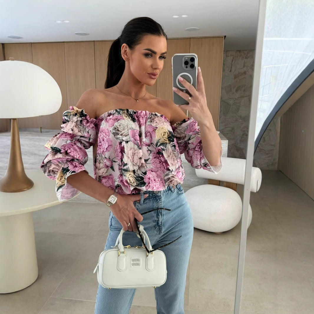 Dame Off-Shoulder Bluse med voluminiøse ærmer og floral design Stilla