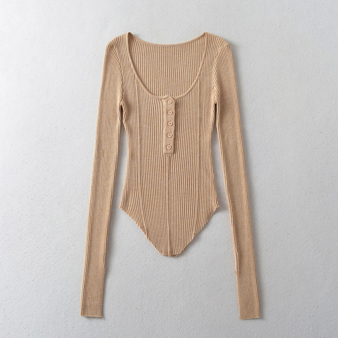 Dame Langærmet bodystocking i elegant ribdesign med knapstolpe Stilla