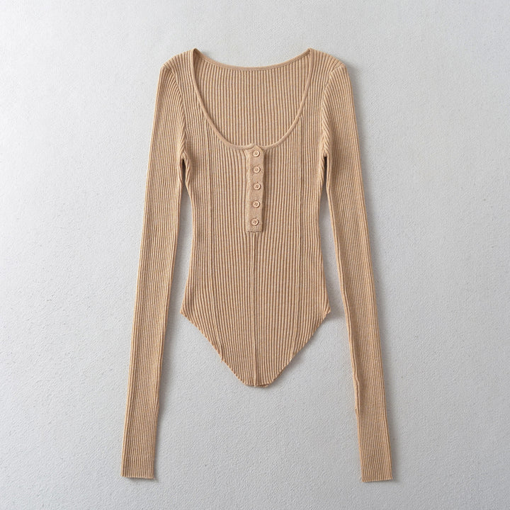 Dame Langærmet bodystocking i elegant ribdesign med knapstolpe Stilla