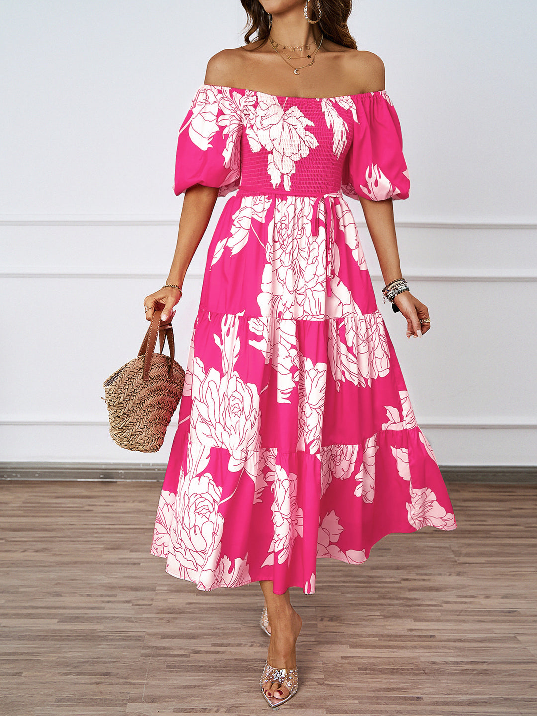 Kvinder Off-Shoulder Maxi Kjole med Voluminøse Ærmer og Print Stilla