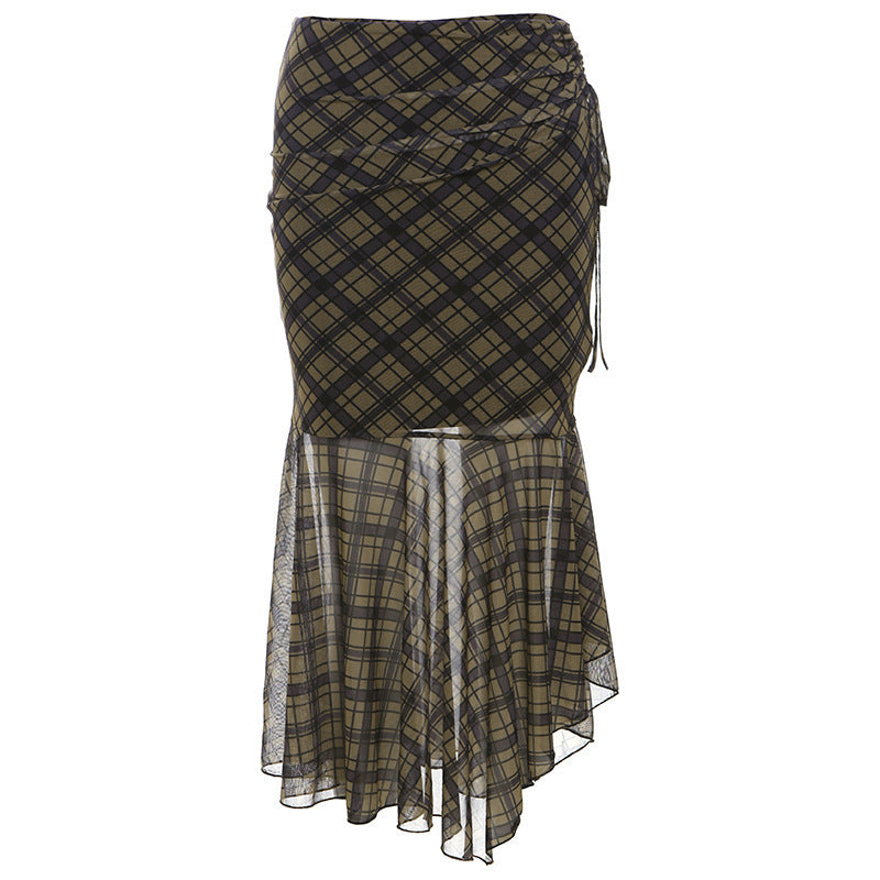 Dame asymmetrisk Maxi-nederdel med raffineret ternet mønster og gennemsigtig chiffon Stilla