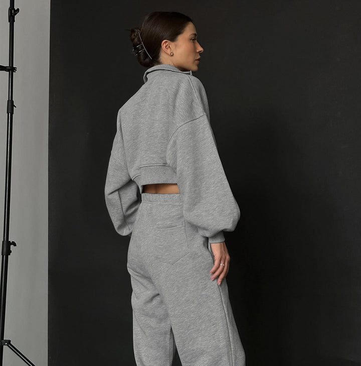 Dame Sportslig Cropped Hoodie med Lynlås og Voluminøse Ærmer Stilla