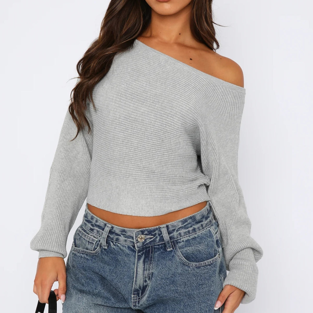 Dame Casual Crop Sweater med asymmetrisk halsudskæring og ribbet tekstur Skovae