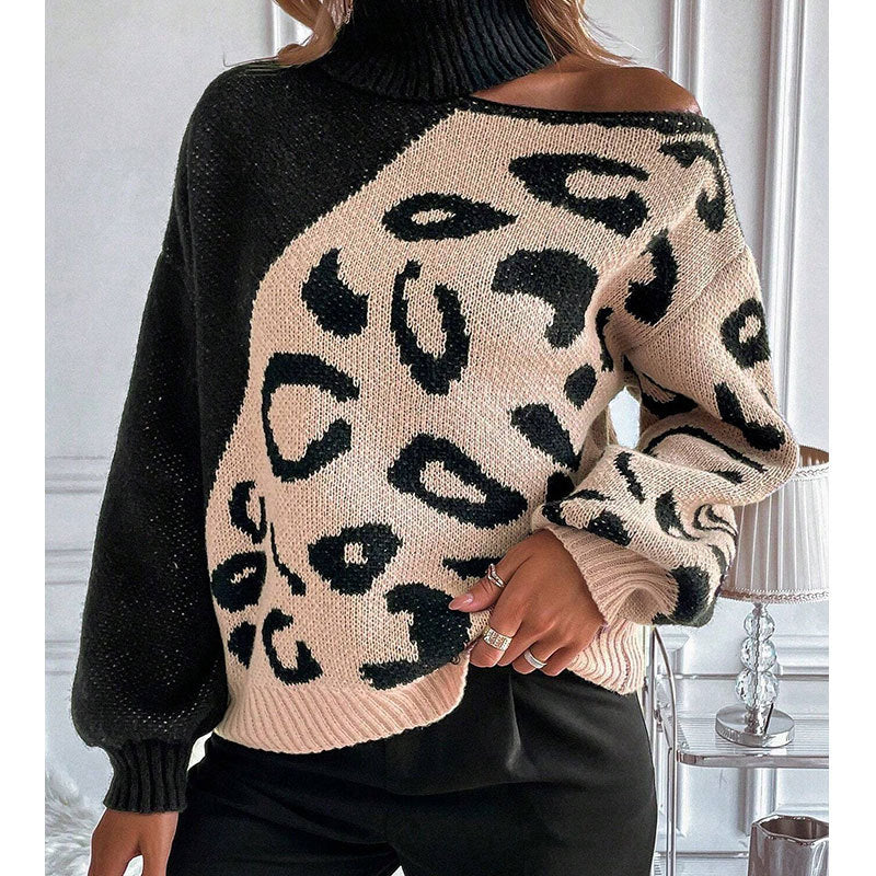 Kvindernes strikkede sweater med moderigtigt leopardmønster og høj krave Stilla