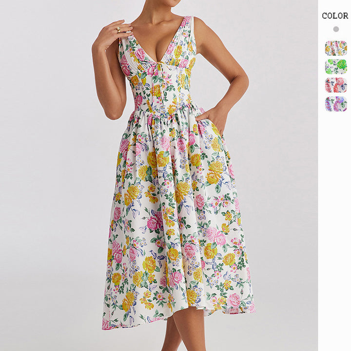 Kvindernes midi kjole med blomstermotiv og stilfuld V-hals Stilla